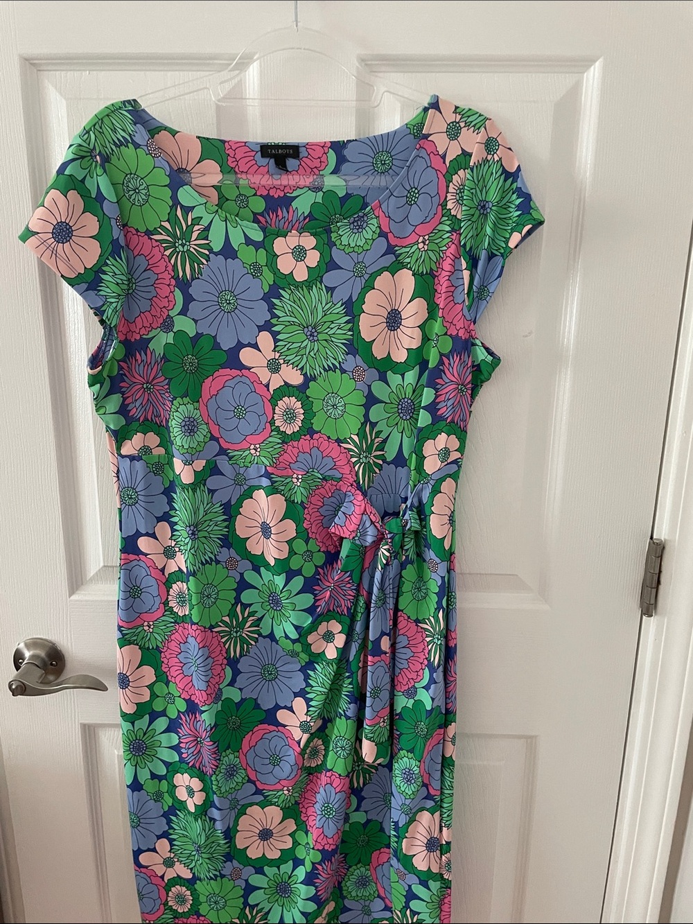 Talbots Blue and Green Floral Midi Dress with Pink Accents